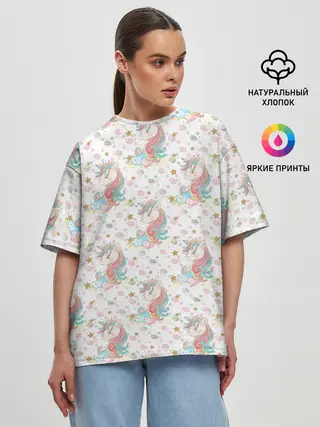 Женская футболка оверсайз / Единороги паттерном