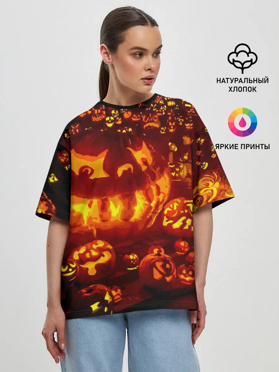 Женская футболка оверсайз / Тыквы на Хэллоуин