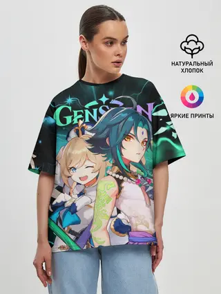 Женская футболка оверсайз / Сяо и Барбара, Genshin Impact