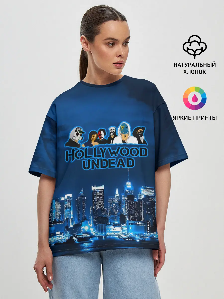Женская футболка оверсайз / Группа Hollywood Undead ночной город