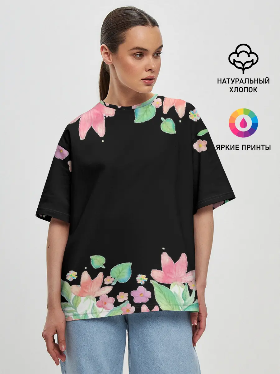 Женская футболка оверсайз / Рамка из розовых и зеленых листьев
