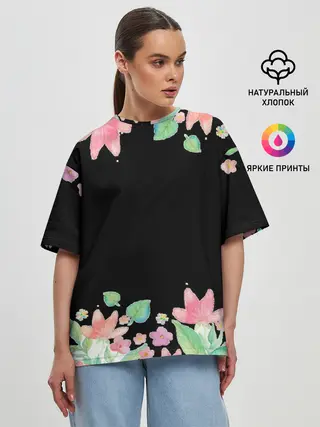 Женская футболка оверсайз / Рамка из розовых и зеленых листьев