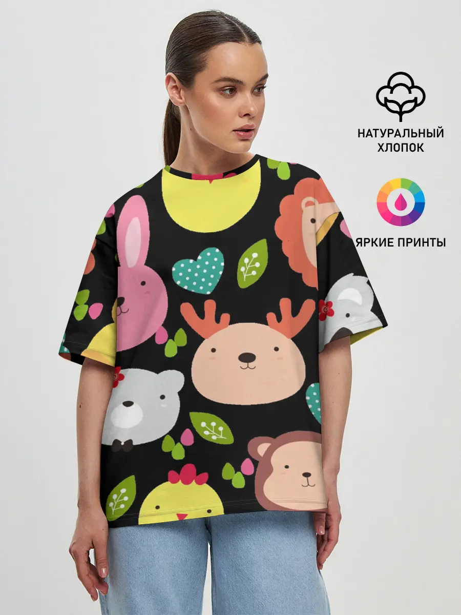 Женская футболка оверсайз / Головы милых животных