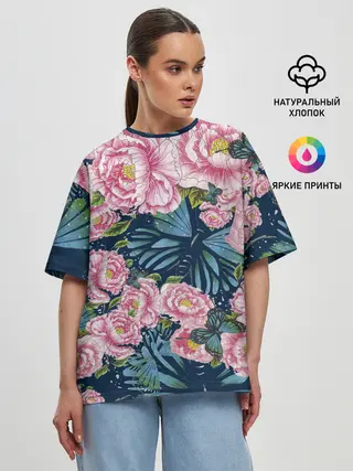Женская футболка оверсайз / Пионы