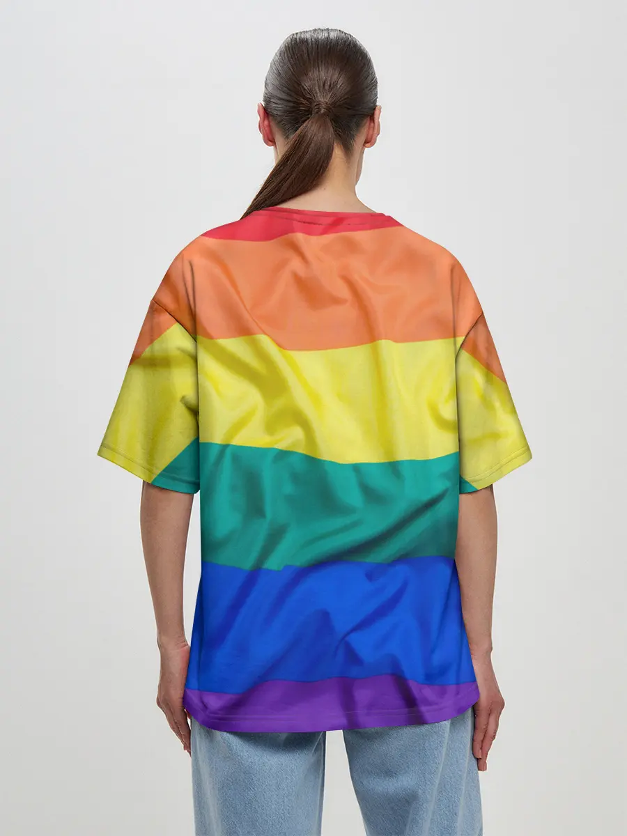 Женская футболка оверсайз / Радуга - мятая ткань полотно