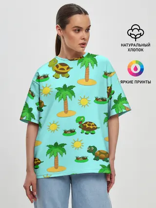 Женская футболка оверсайз / черепашки и пальмы