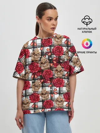 Женская футболка оверсайз / Розы в клеточку