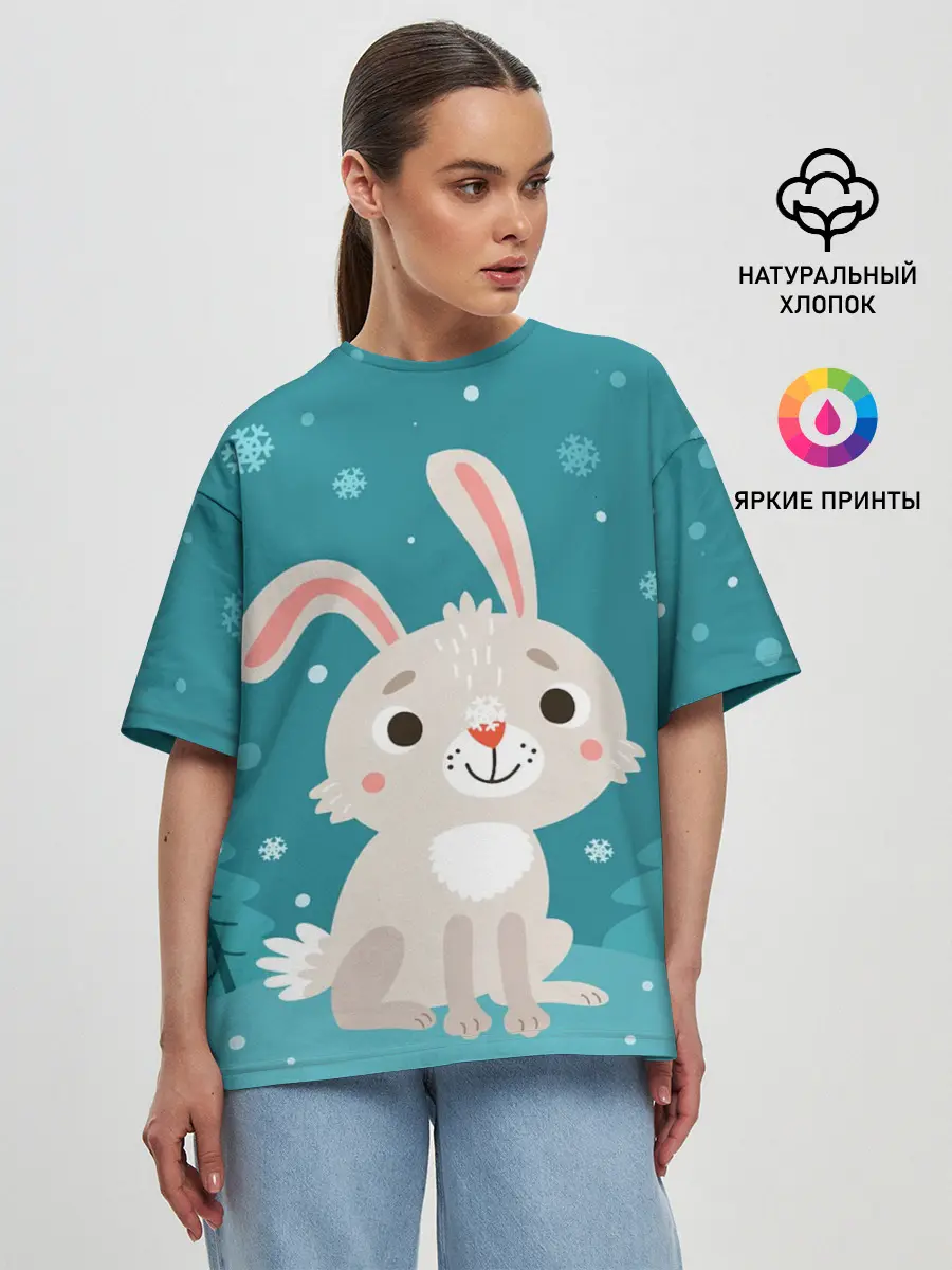 Женская футболка оверсайз / Новогодний зайчик