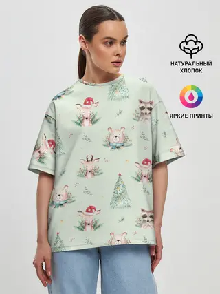 Женская футболка оверсайз / Олени, медведи и еноты