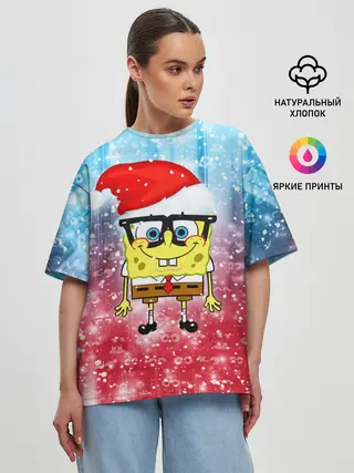 Женская футболка оверсайз / Новогодний Спанч Боб