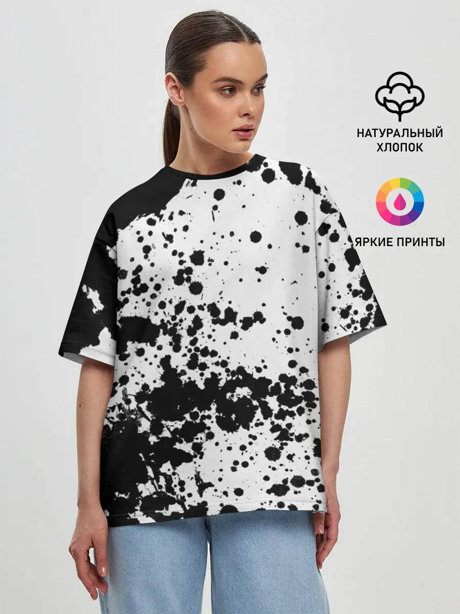 Женская футболка оверсайз / Черно-белые капли