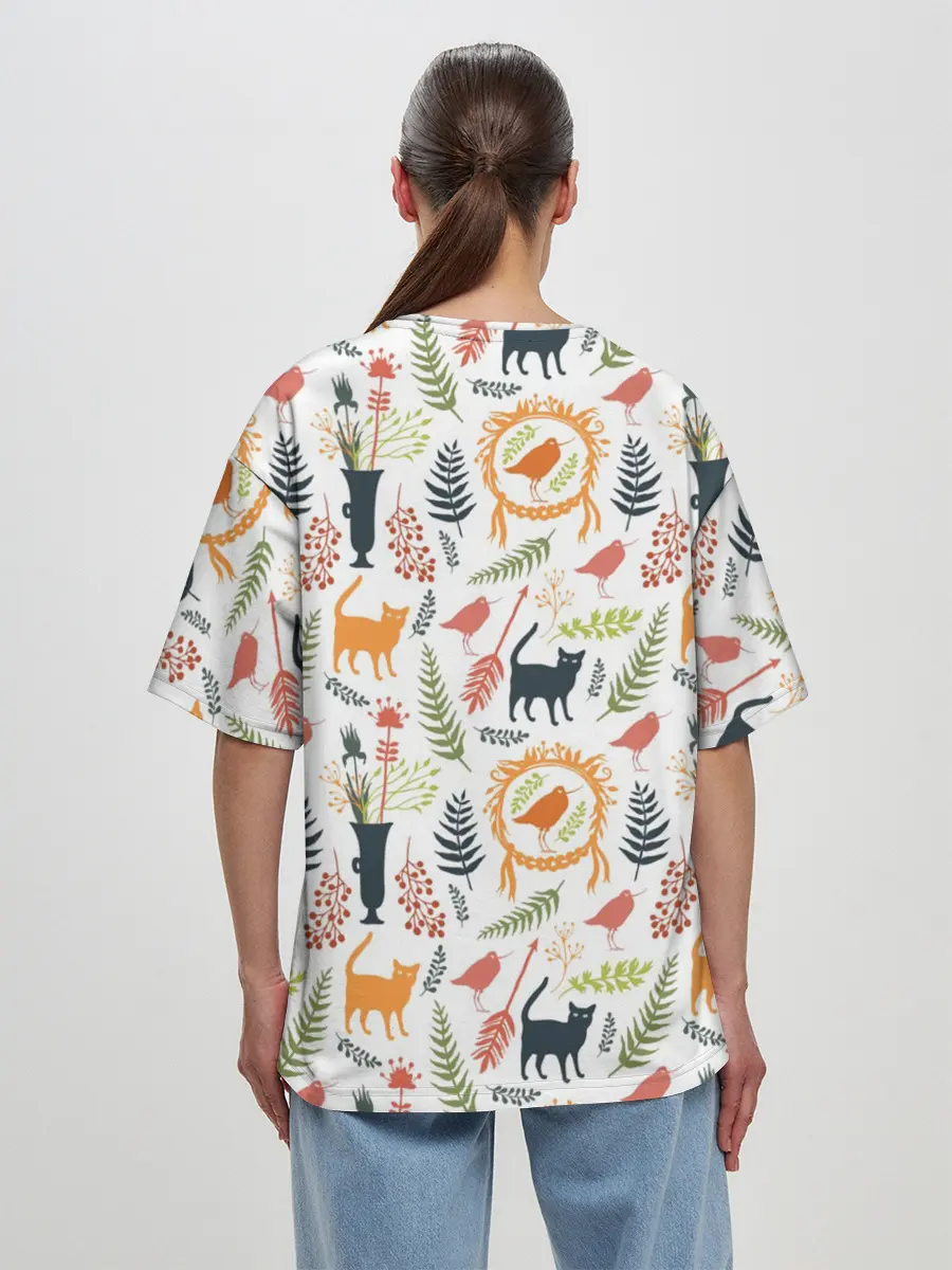 Женская футболка оверсайз / О кошках и птичках