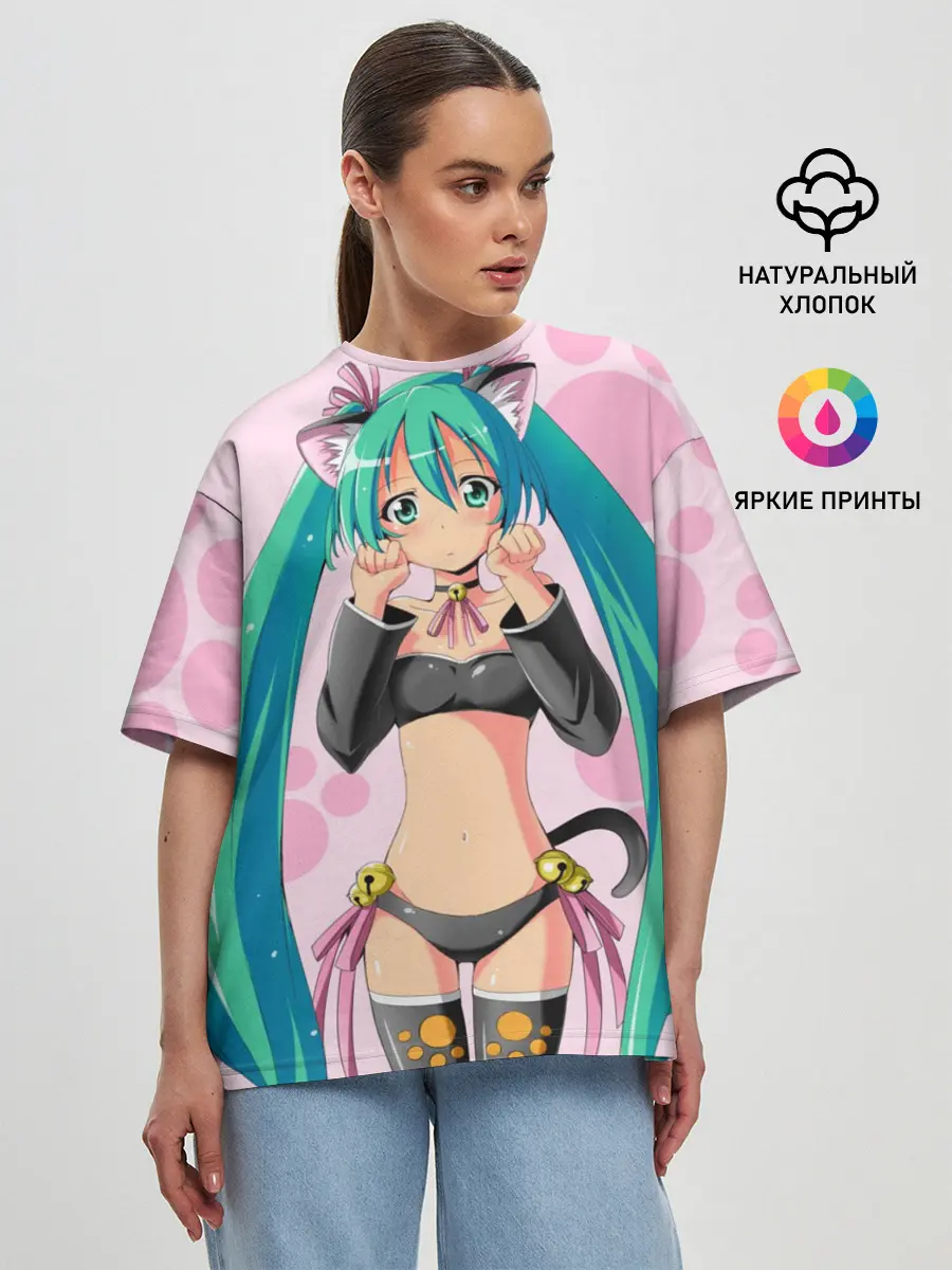 Женская футболка оверсайз / Хатсуне Мику на розовом фоне