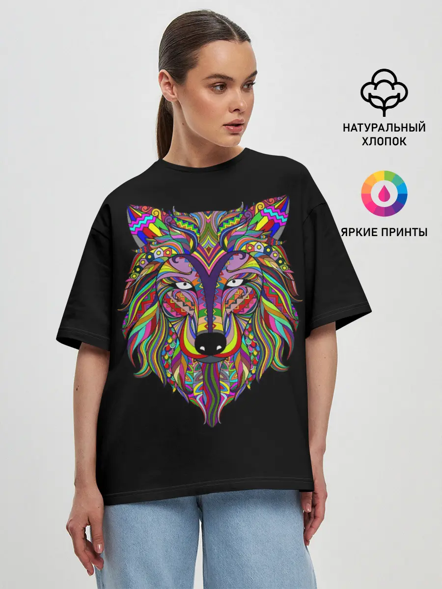 Женская футболка оверсайз / Разноцветный Волк