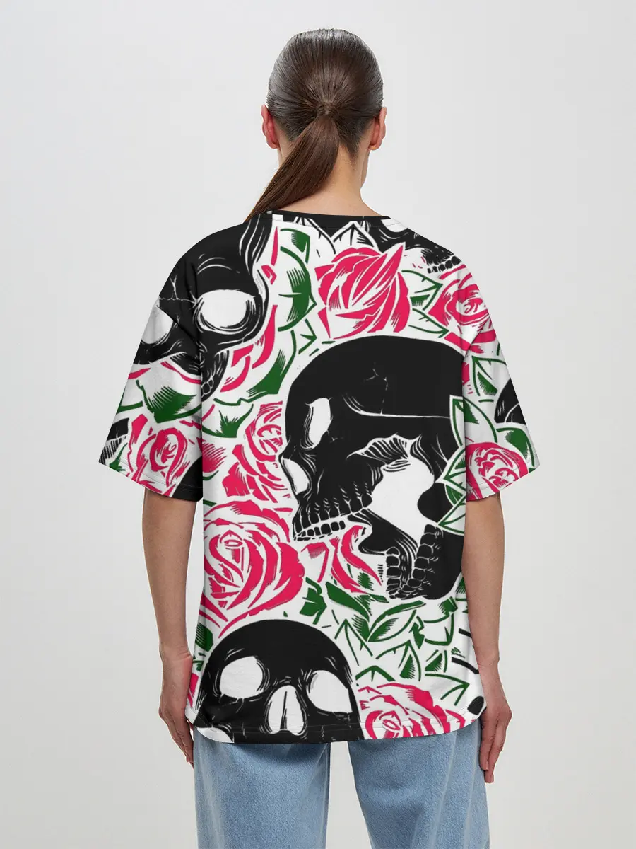 Женская футболка оверсайз / Череп, розы, цветы, зубы