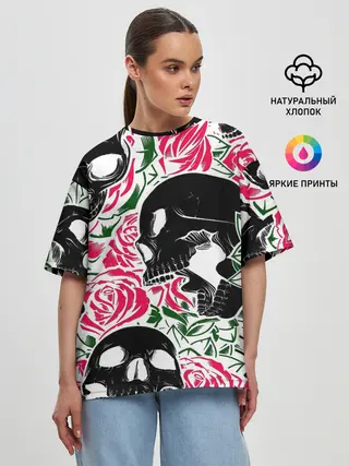 Женская футболка оверсайз / Череп, розы, цветы, зубы