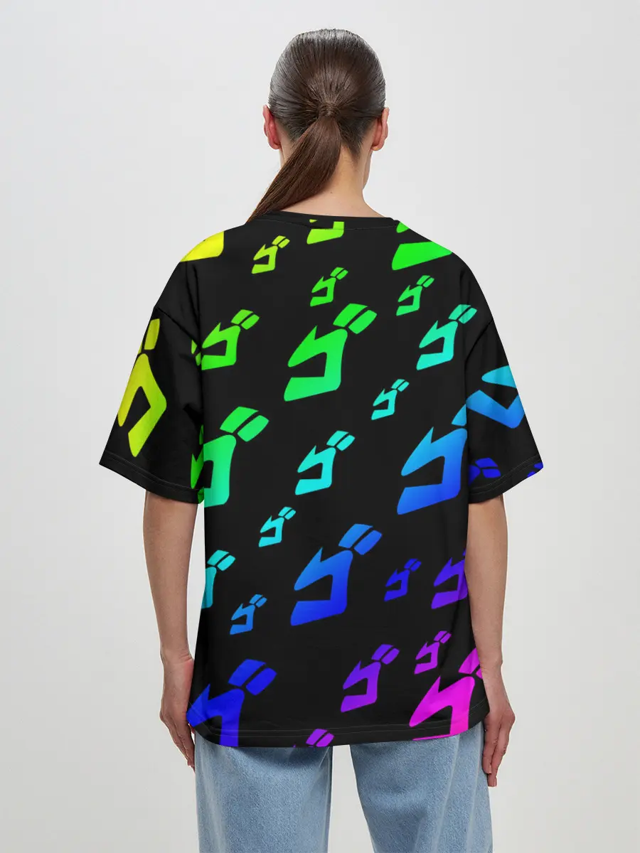 Женская футболка оверсайз / Радужный Паттерн Лого ДжоДжо