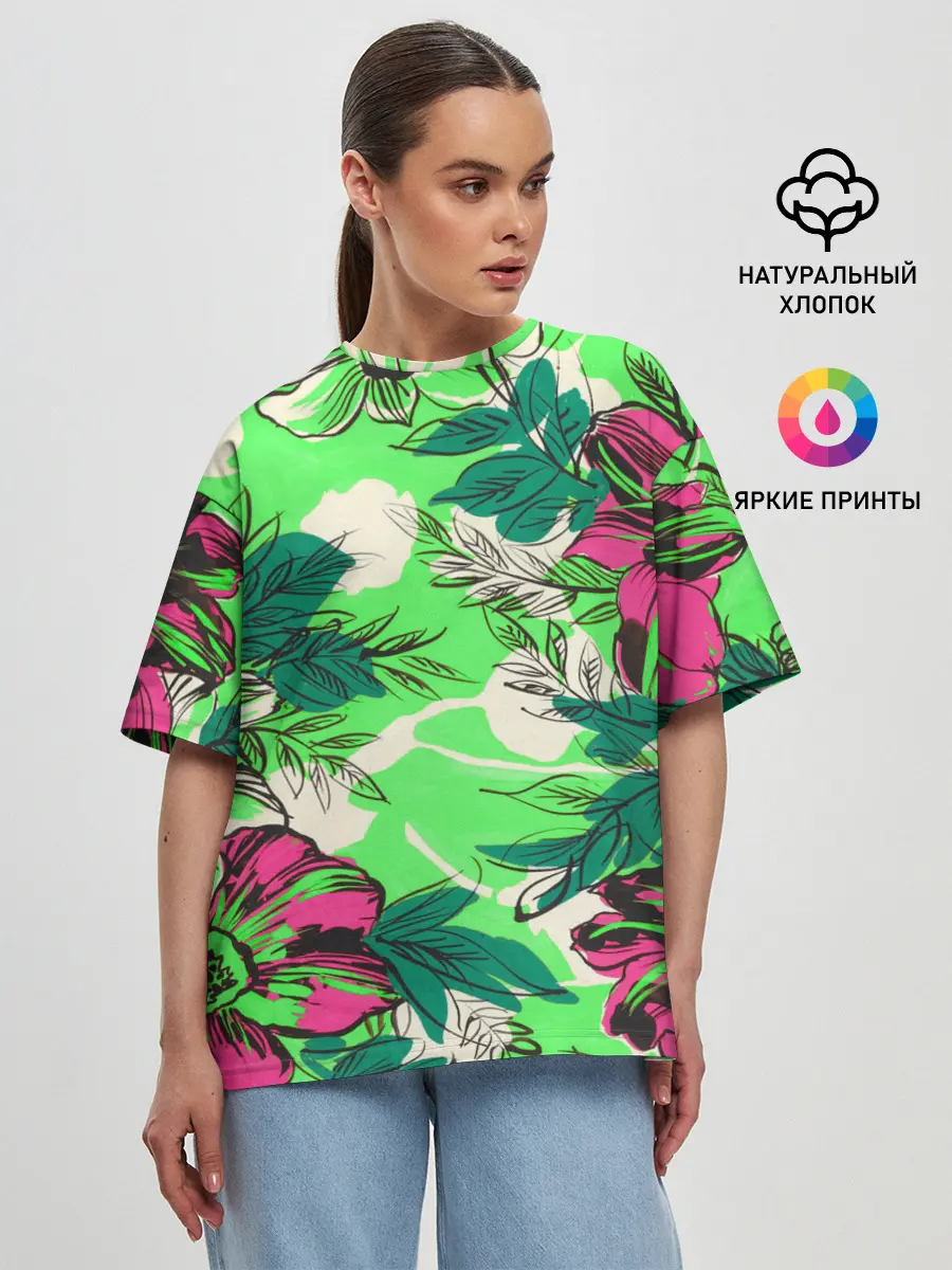 Женская футболка оверсайз / Цветы в неоне