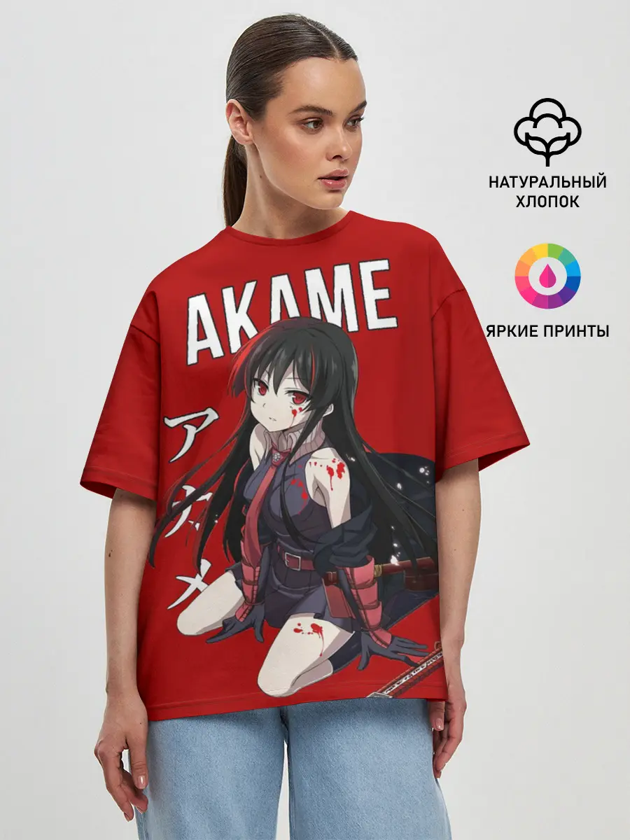 Женская футболка оверсайз / Убийца Акаме на красном фоне
