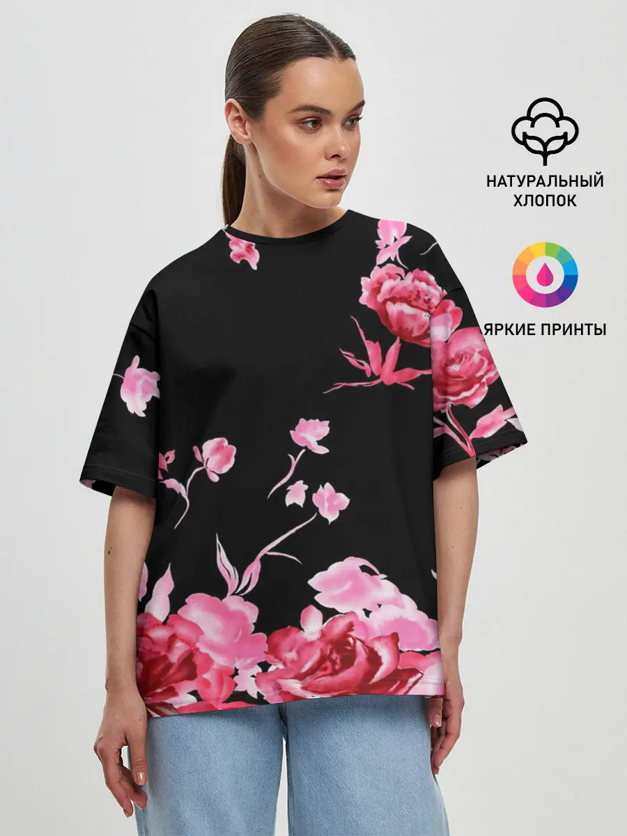 Женская футболка оверсайз / Яркие розы