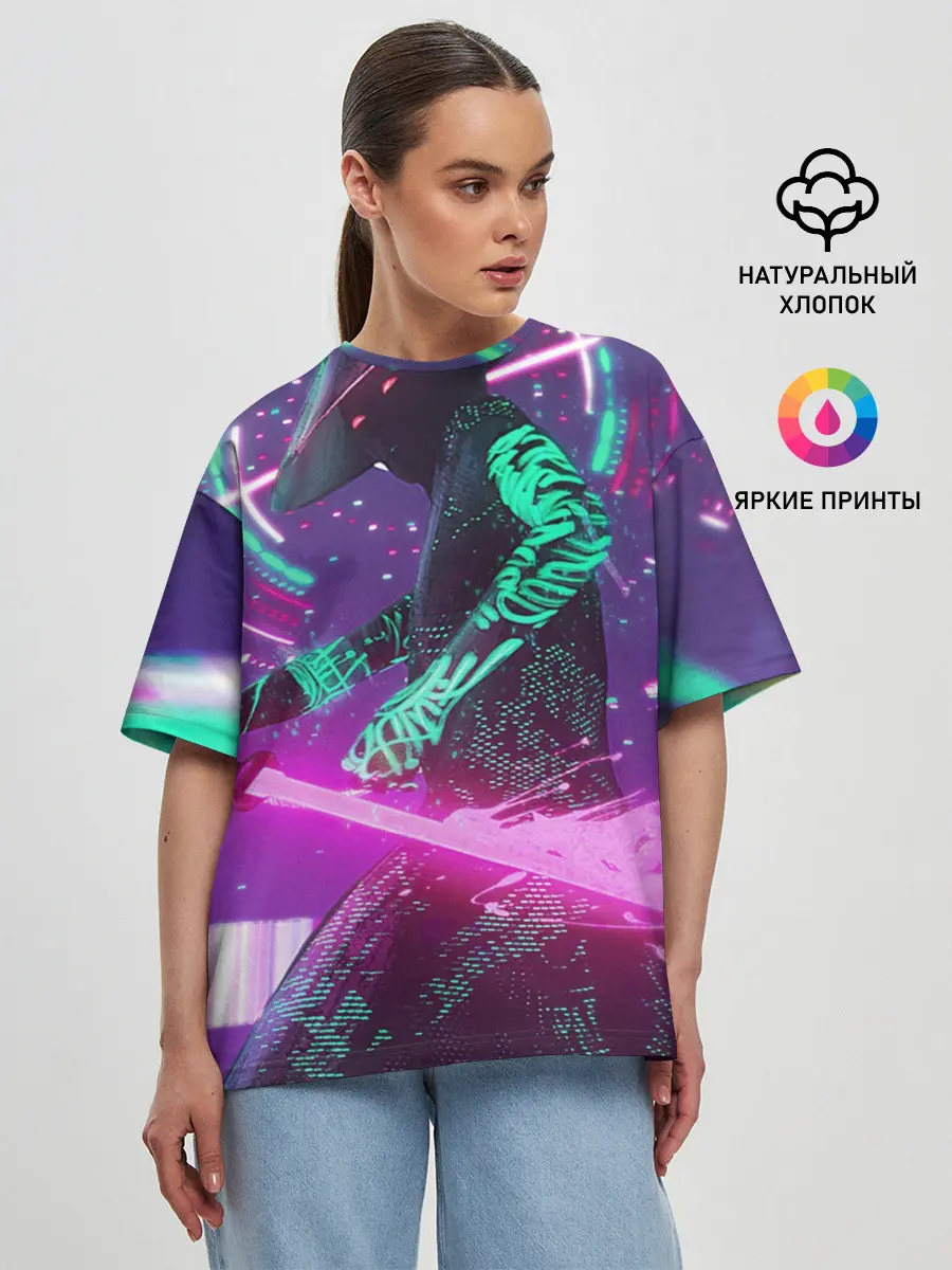 Женская футболка оверсайз / Неоновый Самурай