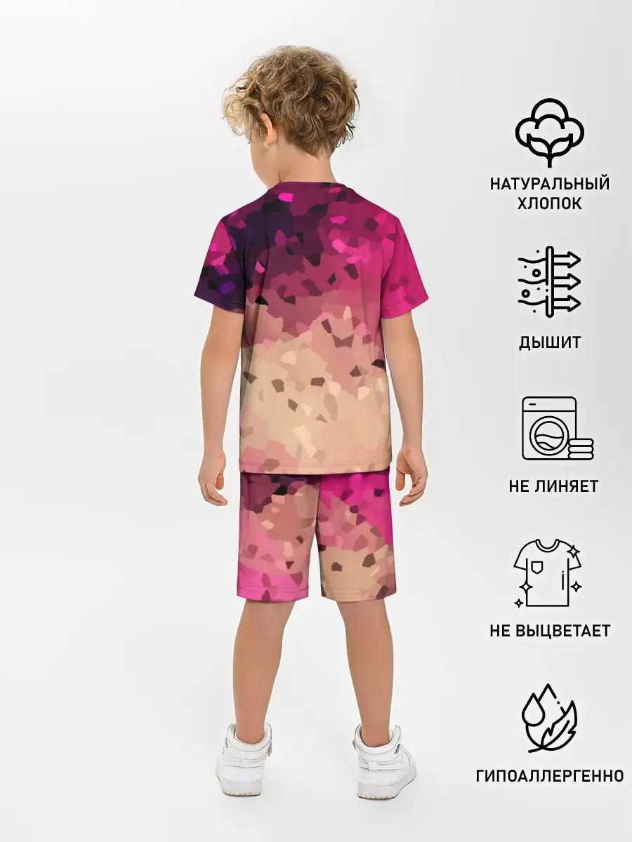 Детская пижама с шортами / Бежево-малиновый абстрактный