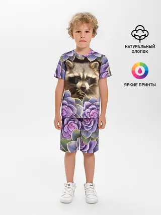 Детская пижама с шортами / Енот среди цветов