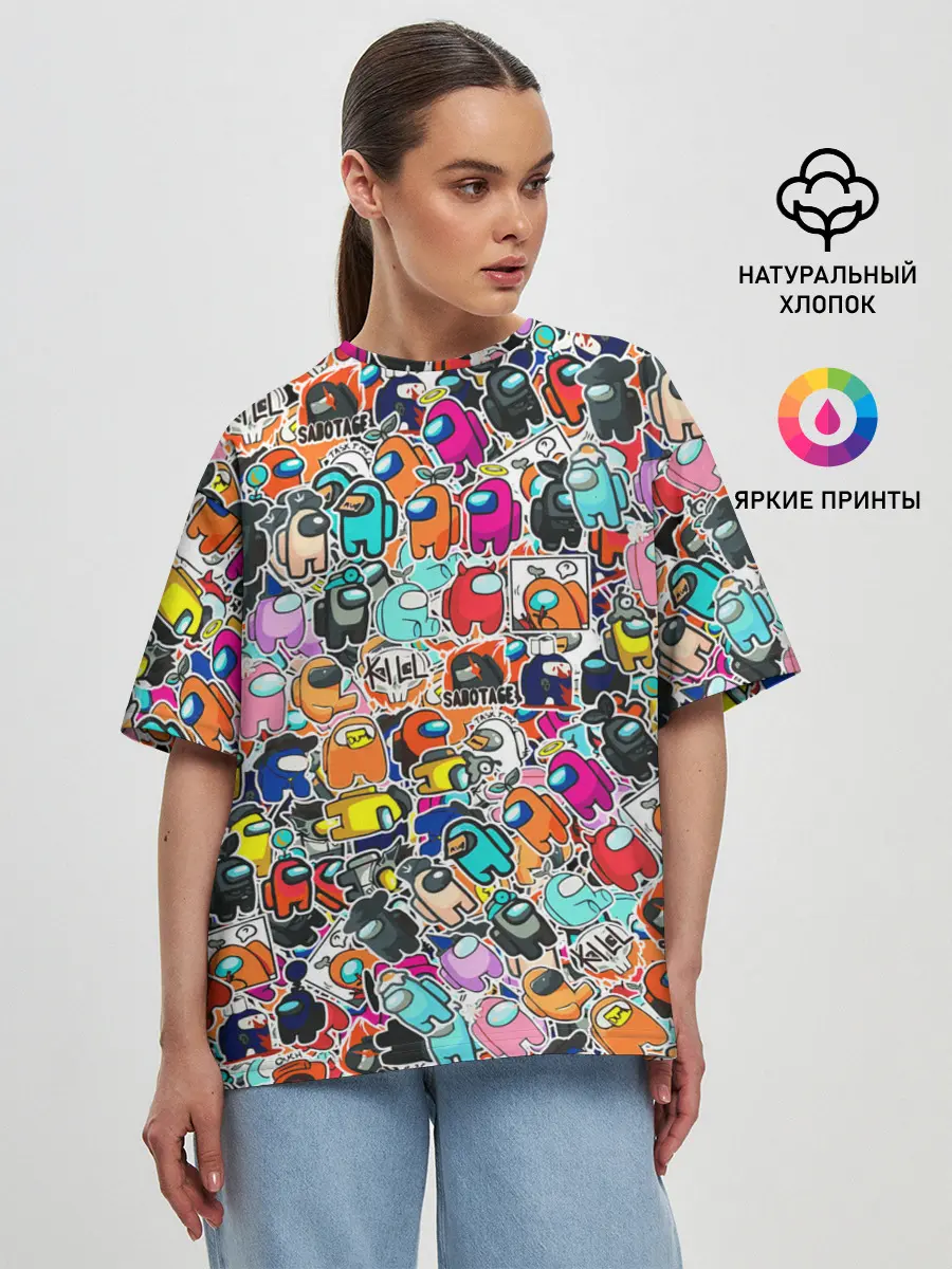 Женская футболка оверсайз / Among Us sticker bombing
