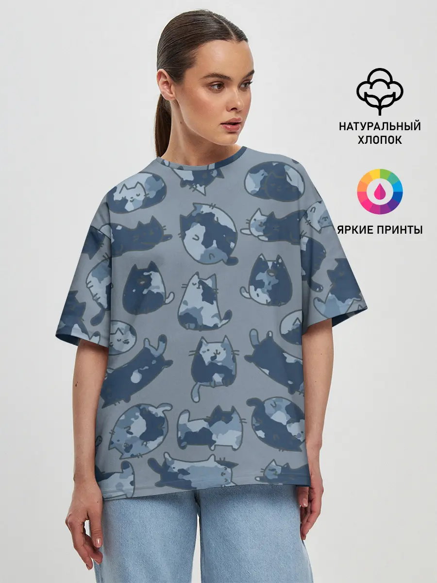 Женская футболка оверсайз / Камуфляж с котиками