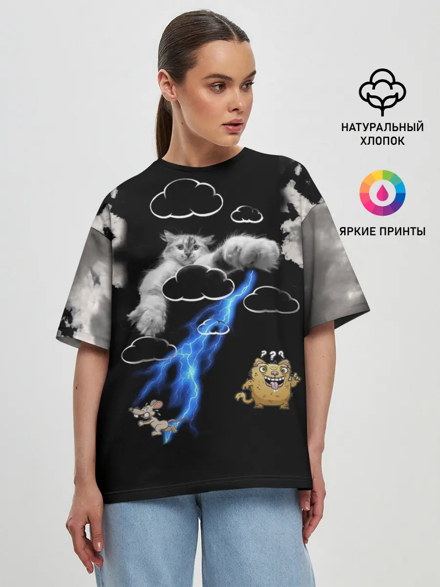 Женская футболка оверсайз / Грозовой, кошак