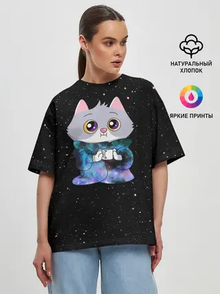 Женская футболка оверсайз / Котёнок в пледе