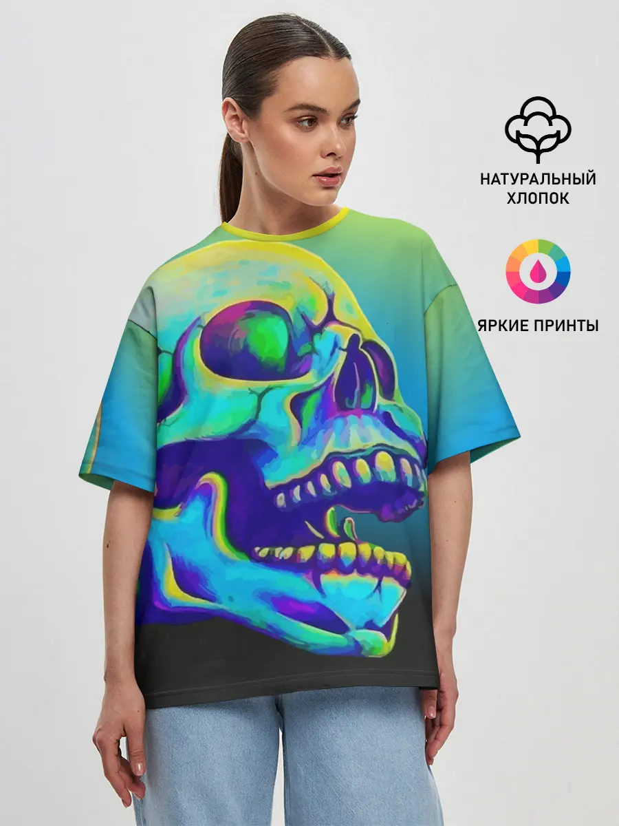 Женская футболка оверсайз / Neon skull