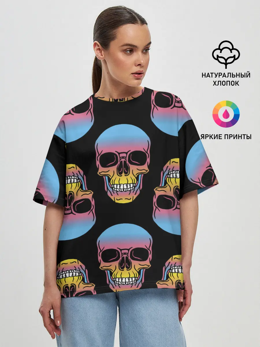 Женская футболка оверсайз / Neon skull