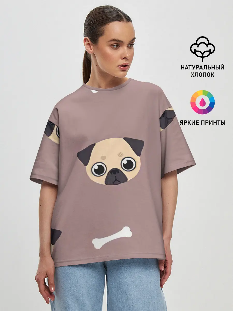 Женская футболка оверсайз / Мопсины мордашки