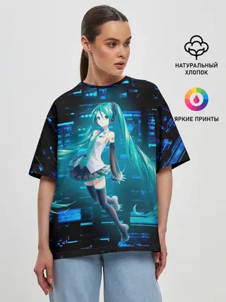 Женская футболка оверсайз / Miku в матрице