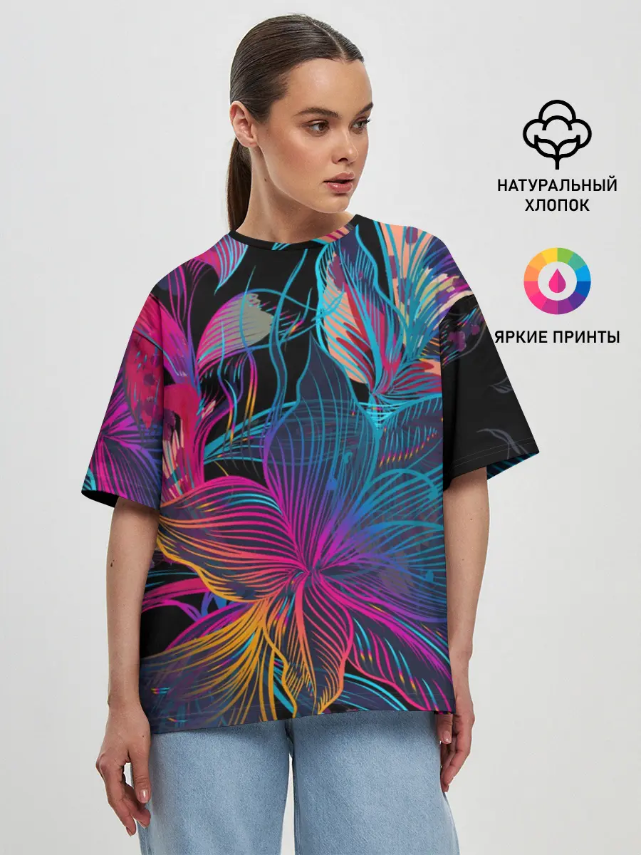 Женская футболка оверсайз / Flowers | Неон
