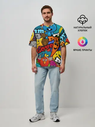 Мужская футболка оверсайз / LOVE | PEACE | PARTY