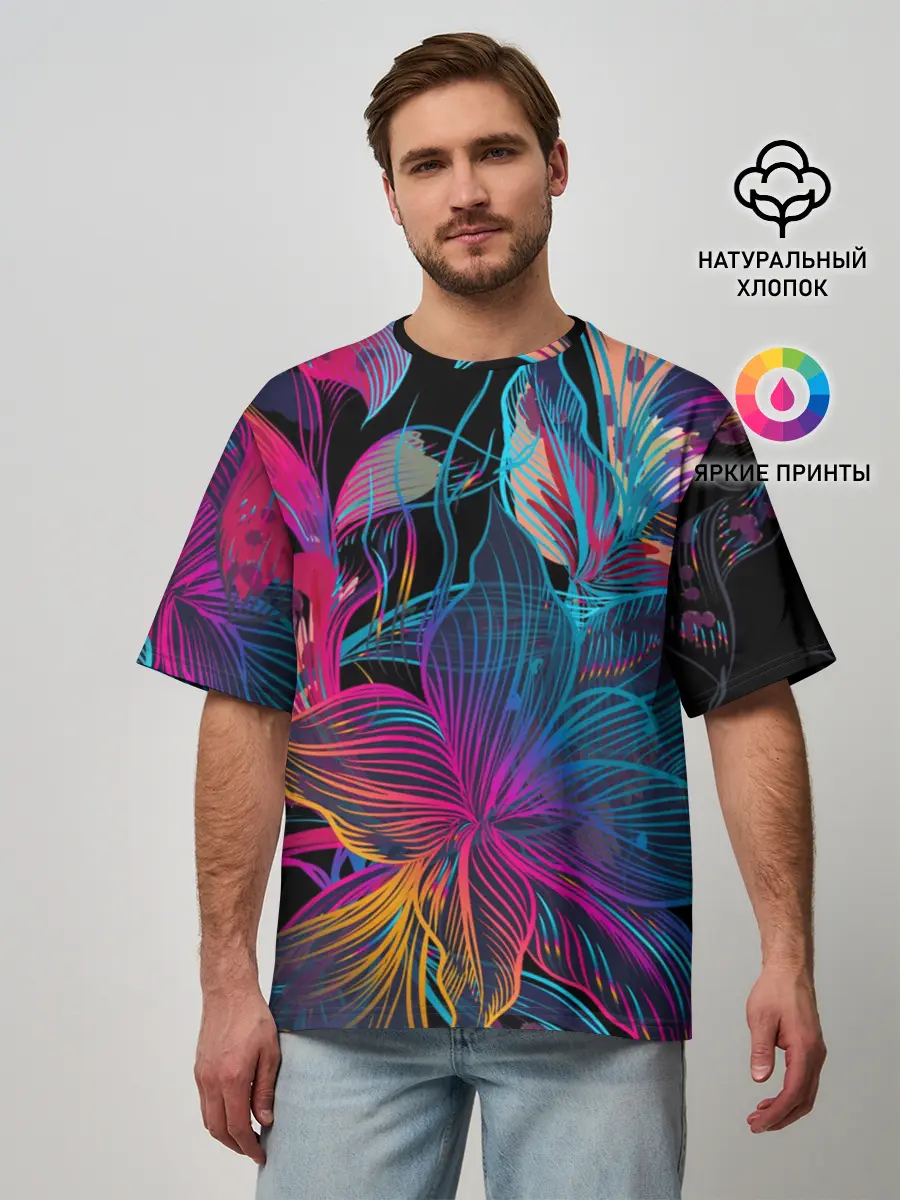 Мужская футболка оверсайз / Flowers | Неон