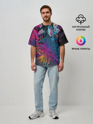 Мужская футболка оверсайз / Flowers | Неон