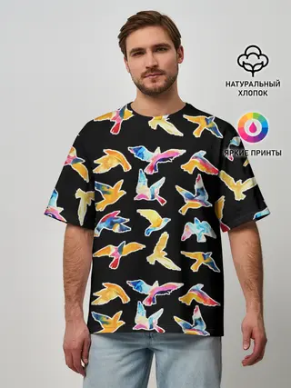 Мужская футболка оверсайз / акварельные птицы