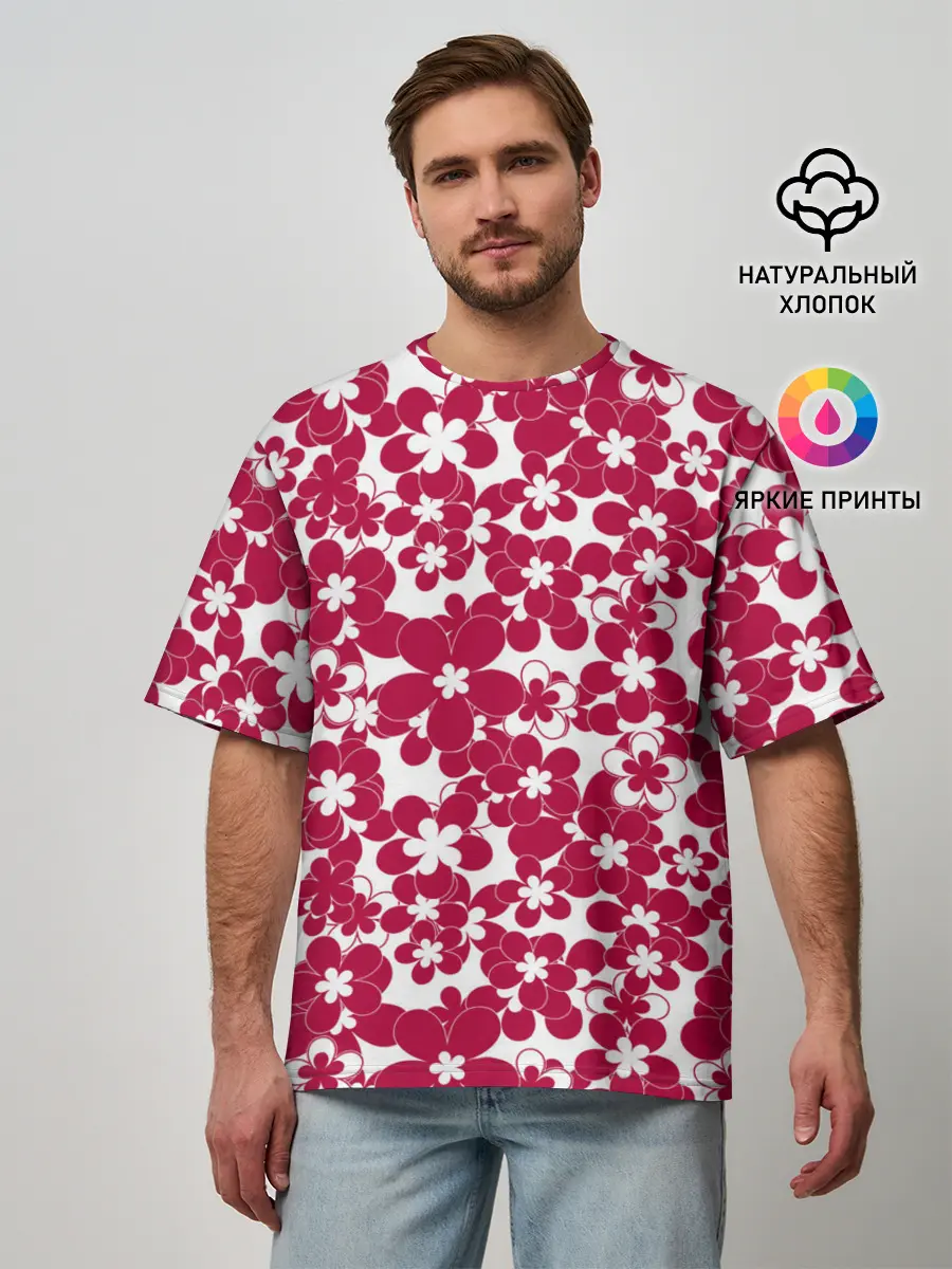 Мужская футболка оверсайз / Бело-красный цветочный