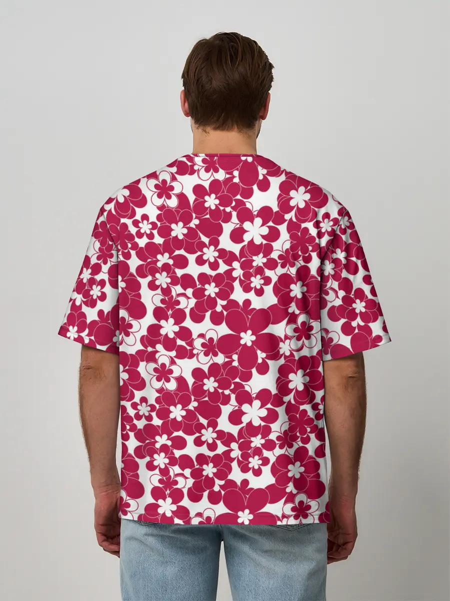 Мужская футболка оверсайз / Бело-красный цветочный