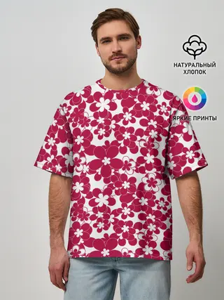 Мужская футболка оверсайз / Бело-красный цветочный