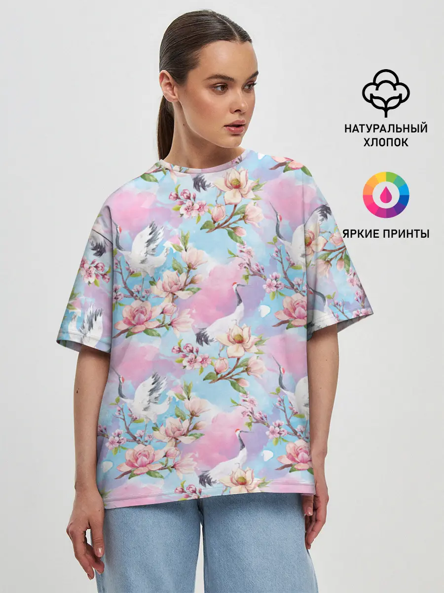 Женская футболка оверсайз / Узор с журавлями