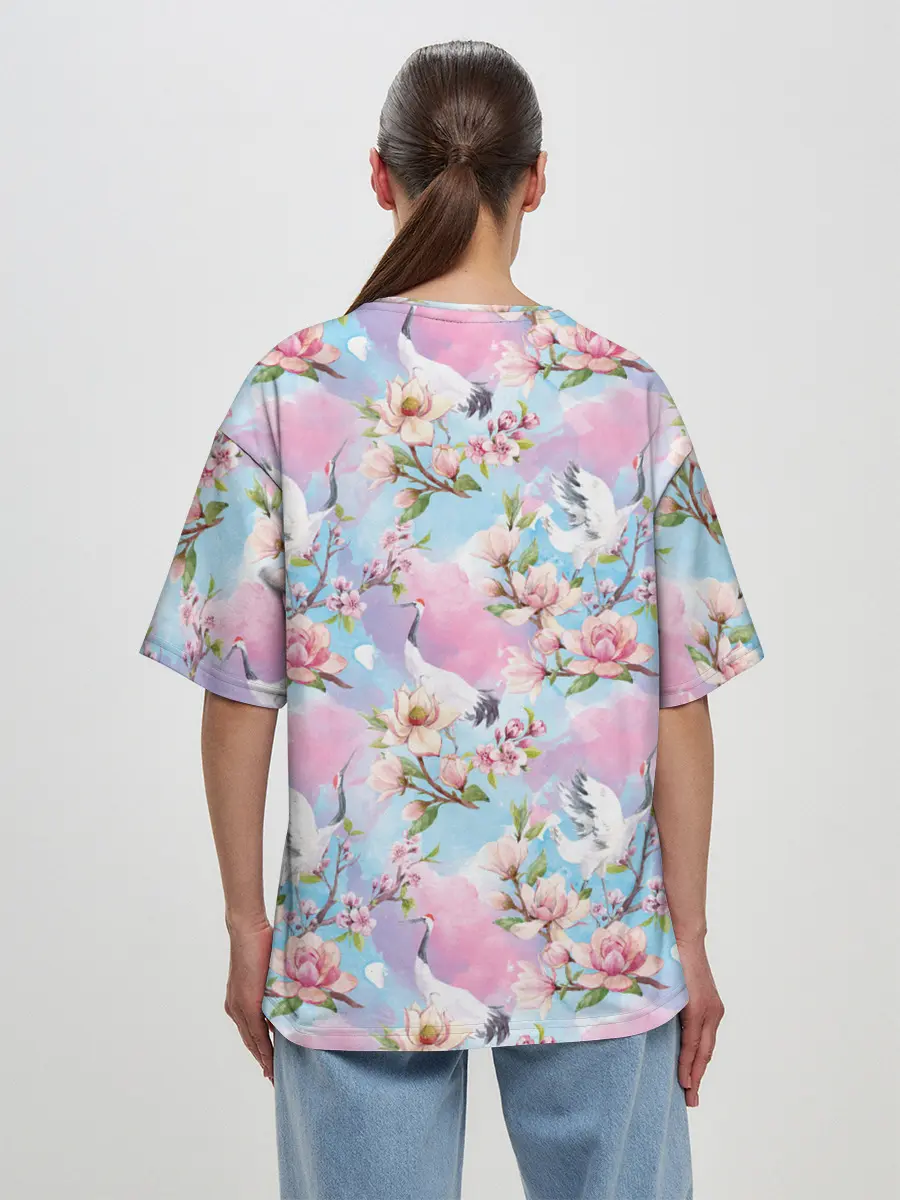 Женская футболка оверсайз / Узор с журавлями