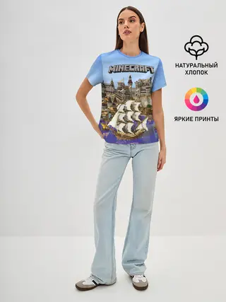 Женская базовая футболка / Корабль и замок в манкрафт.