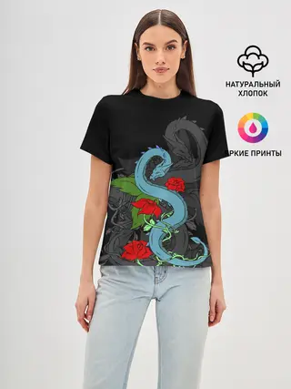 Женская базовая футболка / Дракон и Розы