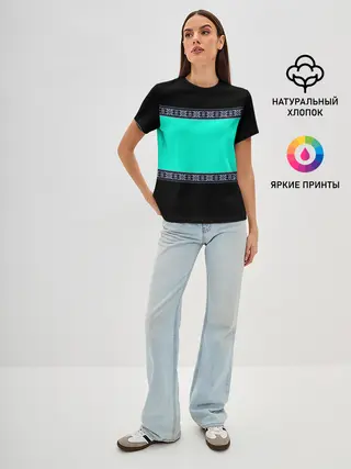 Женская базовая футболка / Черно-бирюзовый узор