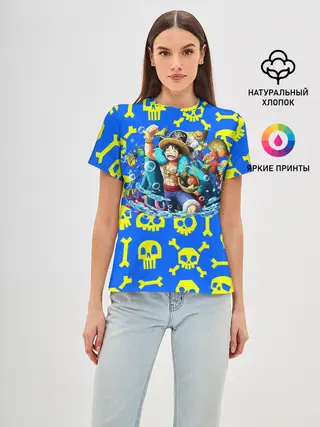 Женская базовая футболка / Веселый Монки. Синий фон череп и кости