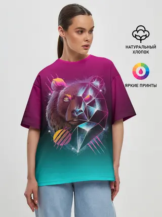 Женская футболка оверсайз / RETRO CYBER BEAR NEON